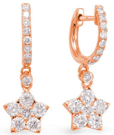 ESTATE 1.08CT DIAMOND 14KT ROSE GOLD CLUSTER STAR HUGGIE LOVE HANGING EARRINGS