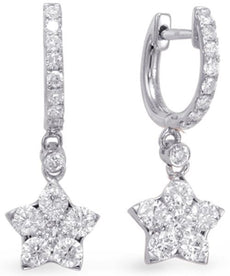 ESTATE 1.08CT DIAMOND 14KT WHITE GOLD CLUSTER STAR HUGGIE LOVE HANGING EARRINGS