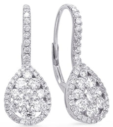 LARGE 1.29CT DIAMOND 14KT WHITE GOLD 3D CLUSTER TEAR DROP HALO HANGING EARRINGS
