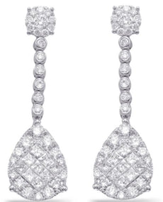 LARGE 2.01CT DIAMOND 14KT WHITE GOLD ROUND & PRINCESS TEAR DROP HANGING EARRINGS