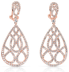LARGE 2.93CT DIAMOND 14KT ROSE GOLD TEAR DROP FILIGREE CLIP ON HANGING EARRINGS