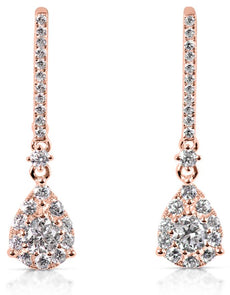 ESTATE 1.15CT DIAMOND 14KT ROSE GOLD CLASSIC CLUSTER TEAR DROP HANGING EARRINGS