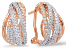 .85CT DIAMOND 14KT WHITE & ROSE GOLD 3D MULTI ROW CRISS CROSS CLIP ON EARRINGS
