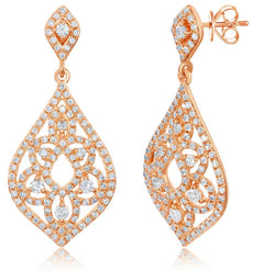 LARGE .96CT DIAMOND 14KT ROSE GOLD 3D OPEN FILIGREE TEAR DROP HANGING EARRINGS