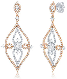 LARGE 1.41CT DIAMOND 14KT WHITE GOLD 3D FLOWER DOUBLE LEAF FUN HANGING EARRINGS
