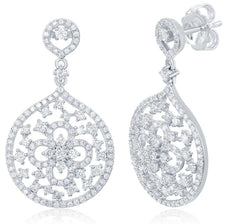 ESTATE LARGE 1.73CT DIAMOND 14K WHITE GOLD FLOWER OPEN FILIGREE HANGING EARRINGS
