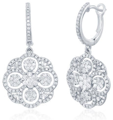 LARGE 1.48CT DIAMOND 14KT WHITE GOLD MULTI FLOWER 4 LEAF CLOVER HANGING EARRINGS