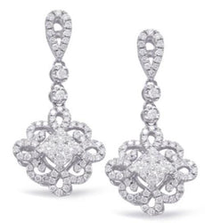ESTATE 1.05CT DIAMOND 14K WHITE GOLD 3D INVISIBLE SQUARE FLOWER HANGING EARRINGS