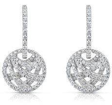 LARGE 1.09CT DIAMOND 14K WHITE GOLD 3D CIRCULAR CRISS CROSS FUN HANGING EARRINGS