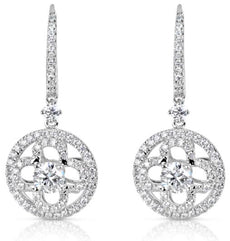 LARGE 1.12CT DIAMOND 14KT WHITE GOLD CIRCULAR FLOWER SOLITAIRE HANGING EARRINGS