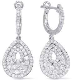 LARGE 1.25CT DIAMOND 14KT WHITE GOLD TEAR DROP PAVE LEVERBACK HANGING EARRINGS