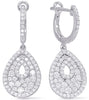LARGE 1.25CT DIAMOND 14KT WHITE GOLD TEAR DROP PAVE LEVERBACK HANGING EARRINGS