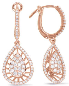 .67CT DIAMOND 14KT ROSE GOLD TEAR DROP PAVE FILIGREE LEVERBACK HANGING EARRINGS