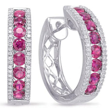 1.90CT DIAMOND & AAA RUBY 14KT WHITE GOLD THREE ROW HUGGIE HOOP HANGING EARRINGS