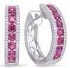 1.90CT DIAMOND & AAA RUBY 14KT WHITE GOLD THREE ROW HUGGIE HOOP HANGING EARRINGS
