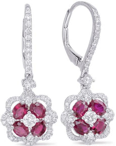 2.38CT DIAMOND & AAA RUBY 14KT WHITE GOLD OVAL & ROUND FLOWER HANGING EARRINGS