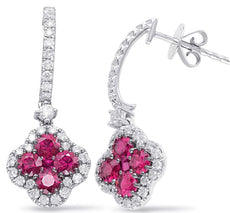 2.14CT DIAMOND & AAA RUBY 14KT WHITE GOLD OVAL & ROUND FLOWER HANGING EARRINGS