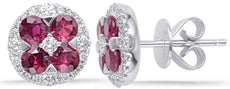ESTATE 1.57CT DIAMOND & AAA RUBY 14KT WHITE GOLD 3D ROUND FLOWER STUD EARRINGS
