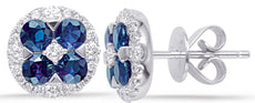 ESTATE 1.57CT DIAMOND & AAA SAPPHIRE 14KT WHITE GOLD ROUND FLOWER STUD EARRINGS