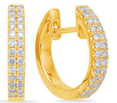 ESTATE .24CT DIAMOND 14KT YELLOW GOLD 3D CLASSIC TWO ROW HUGGIE HANGING EARRINGS
