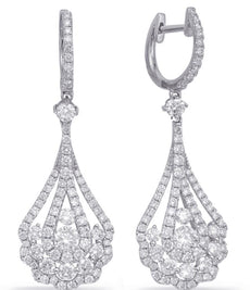 LARGE 2.01CT DIAMOND 14KT WHITE GOLD 3D FLOWER TEAR DROP HUGGIE HANGING EARRINGS