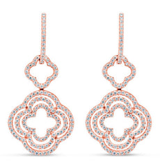 ESTATE .75CT DIAMOND 18KT ROSE GOLD 3D FOUR LEAF CLOVER FLOWER HANGING EARRINGS