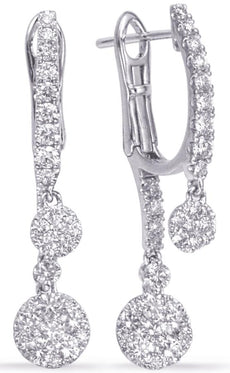 1.09CT DIAMOND 14KT WHITE GOLD MULTI FLOWER CHANDELIER CLIP ON HANGING EARRINGS