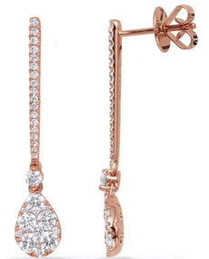 1.22CT DIAMOND 14KT ROSE GOLD 3D PAVE INVISIBLE TEAR DROP BAR HANGING EARRINGS