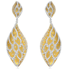 ESTATE 7.10CT DIAMOND 18KT 2 TONE GOLD 3D MULTI LEAF TEAR DROP HANGING EARRINGS