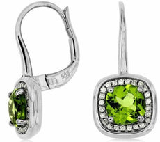 2.35CT DIAMOND & AAA PERIDOT 14KT WHITE GOLD CUSHION HALO LEVERBACK EARRINGS