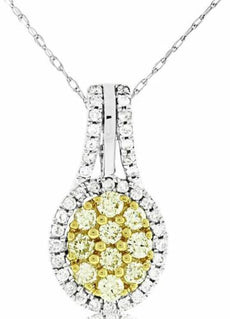 .71CT WHITE & FANCY YELLOW DIAMOND 14KT WHITE GOLD 2D OVAL CLUSTER HALO PENDANT