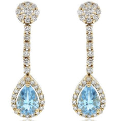 2.36CT DIAMOND & BLUE TOPAZ 14KT YELLOW GOLD FLOWER TEAR DROP HANGING EARRINGS
