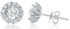 ESTATE 1.58CT DIAMOND 18KT WHITE GOLD ROUND SOLITAIRE FLOWER HALO STUD EARRINGS
