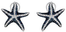 1.24CT WHITE & BLUE DIAMOND 14KT WHITE GOLD MULTI ROW STARFISH CLIP ON EARRINGS