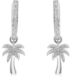 ESTATE .02CT DIAMOND 14KT WHITE GOLD 3D PALMTREE FUN HANGING EARRINGS
