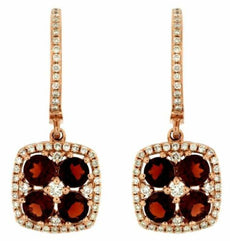 1.98CT DIAMOND & AAA GARNET 14K ROSE GOLD CLUSTER SQUARE HALO HANGING EARRINGS