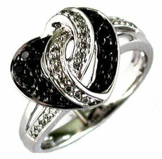 .39CT WHITE & BLACK DIAMOND 14KT WHITE GOLD 3D DOUBLE HEART LOVE KNOT FUN RING