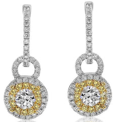 1.82CT WHITE & FANCY YELLOW DIAMOND 18KT 2 TONE GOLD LOVE KNOT HANGING EARRINGS