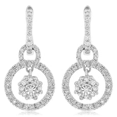 ESTATE .35CT DIAMOND 14KT WHITE GOLD 3D CLUSTER FLOWER CIRCULAR HANGING EARRINGS
