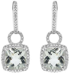 3.98CT DIAMOND & AAA CUSHION CUT GREEN AMETHYST 14KT WHITE GOLD HANGING EARRINGS