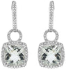 3.98CT DIAMOND & AAA CUSHION CUT GREEN AMETHYST 14KT WHITE GOLD HANGING EARRINGS