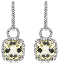 4.16CT DIAMOND & AAA CUSHION CUT LEMON QUARTZ 14KT WHITE GOLD HANGING EARRINGS