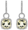 4.16CT DIAMOND & AAA CUSHION CUT LEMON QUARTZ 14KT WHITE GOLD HANGING EARRINGS