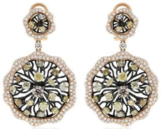 LARGE 11.99CT MULTI COLOR DIAMOND 18KT ROSE GOLD FLOWER CLIP ON HANGING EARRINGS