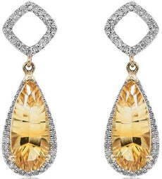 4.09CT DIAMOND & AAA CITRINE 14KT WHITE GOLD TEAR DROP SQUARE HANGING EARRINGS