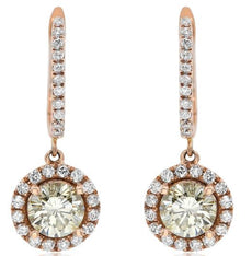 1.75CT WHITE & GREEN DIAMOND 14K ROSE GOLD SOLITAIRE HALO ROUND HANGING EARRINGS