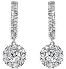 ESTATE 1.95CT DIAMOND 14KT WHITE GOLD SOLITAIRE HALO LEVERBACK HANGING EARRINGS