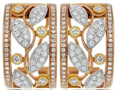 WIDE 1.22CT DIAMOND 18KT TRI COLOR GOLD 3D MULTI LEAF CLIP ON HANGING EARRINGS