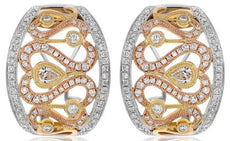 WIDE 1.22CT DIAMOND 18KT TRI COLOR GOLD SIDEWAY HEART CLIP ON HANGING EARRINGS