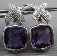 ESTATE 8.36CT DIAMOND & AMETHYST 18KT WHITE GOLD 3D SQUARE " X " DROP EARRINGS